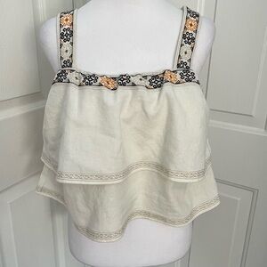 Madewell Linen Blend Cropped Embroidered Tiered Anita Smock Top‎ Small White Y2K
